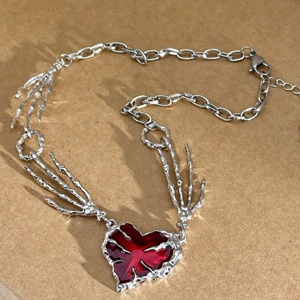 Silver plated Skeleton Hand Necklace with Red Heart pendant and adjustable ring